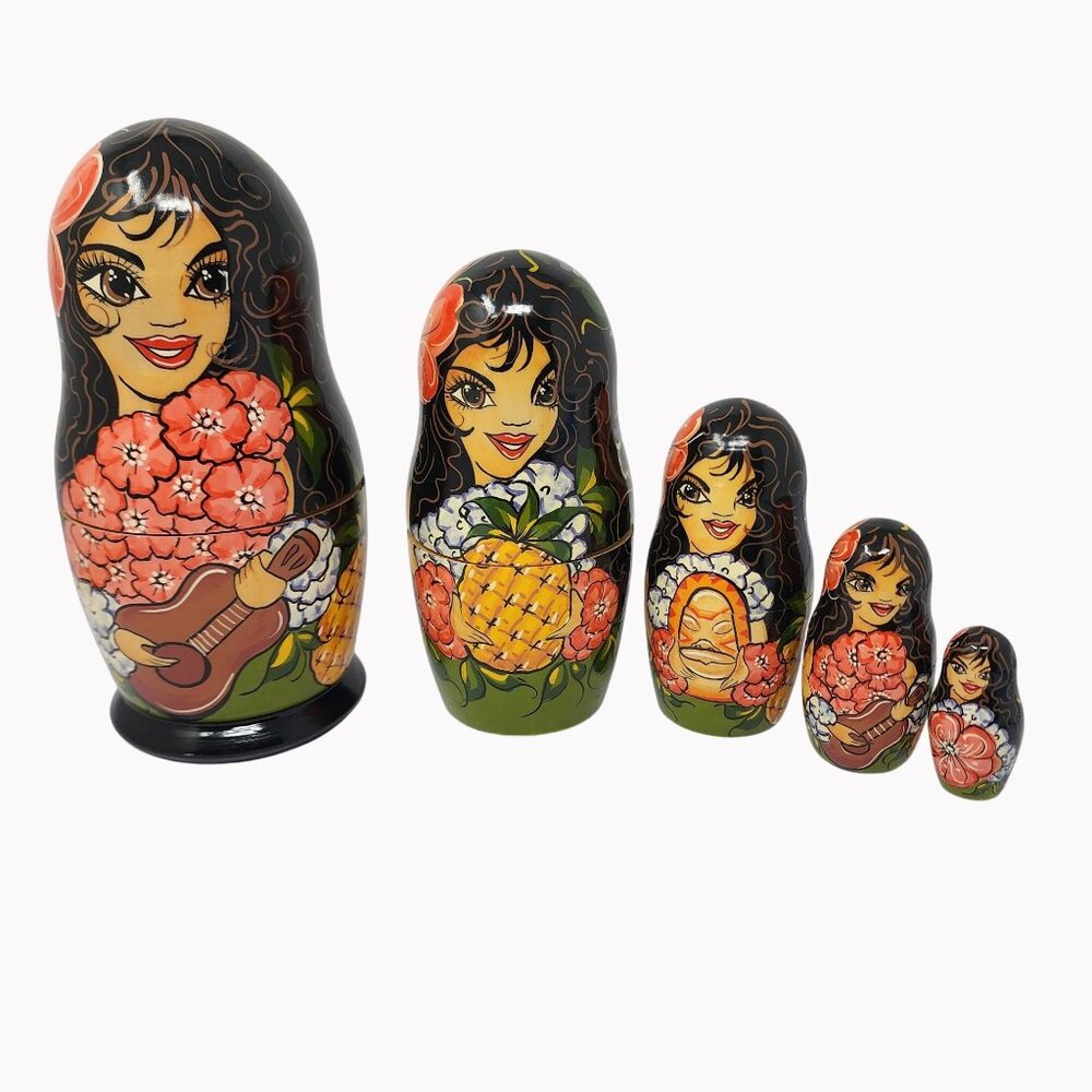Hand-Painted Russian Matryoshka Hawaiian Dolls Set Of 5 By G. Sebina